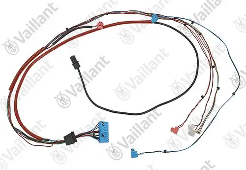 Kabelbaum mit mehreren Kabeln und Steckverbindern, geeignet für Vaillant Produkte. Farblich kodierte Drähte, einschließlich roter, blauer und schwarzer Kabel.